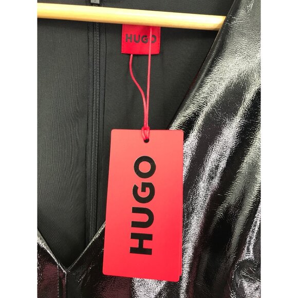 HUGO Kadice Faux Leather Effect A-Line V-Neck Dress Black Size 4 NEW - Picture 7 of 11